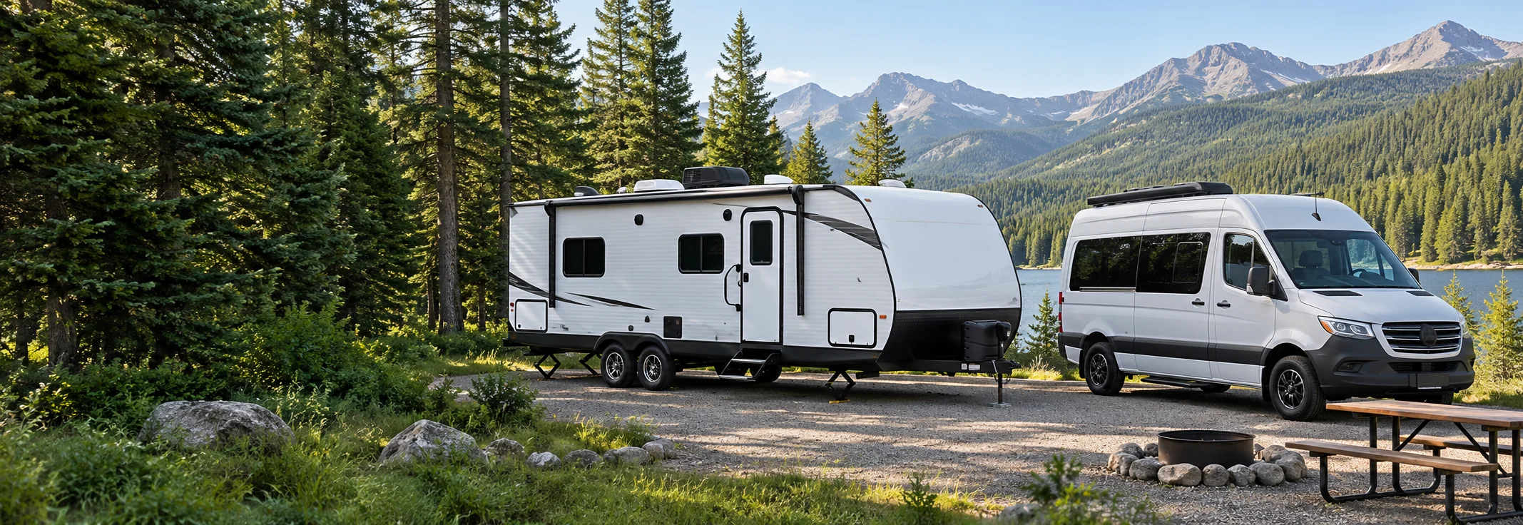 Illustration of a travel trailer and camper van at a mountain campground